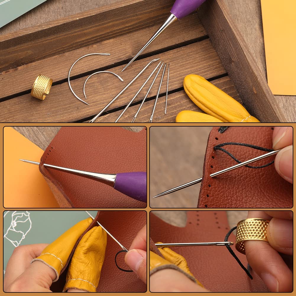 14 Pcs Leather Sewing Kit, Leather Working Tools,Leather Kit with Big Eye Sewing Needle Including Leather Waxing Thread, Awl, Finger Cover, Mainly for Leather Sewing, Canvas Repair, Book Binding image 5