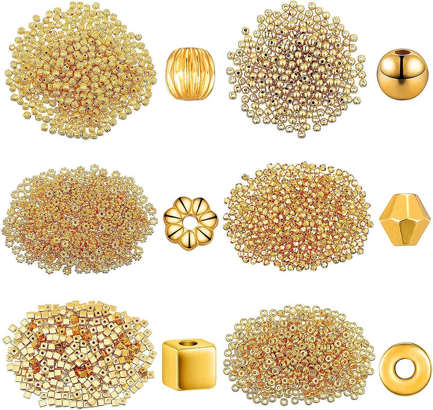 3000 Pieces Assorted Gold Spacer Beads Set Include 500 Loose Round Beads, 500 Watermelon Beads 500 Cube Beads 500 Faceted Rondelle Beads 500 Flat Flower Beads and 500 Flat Disc Beads for DIY Bracelet image 0