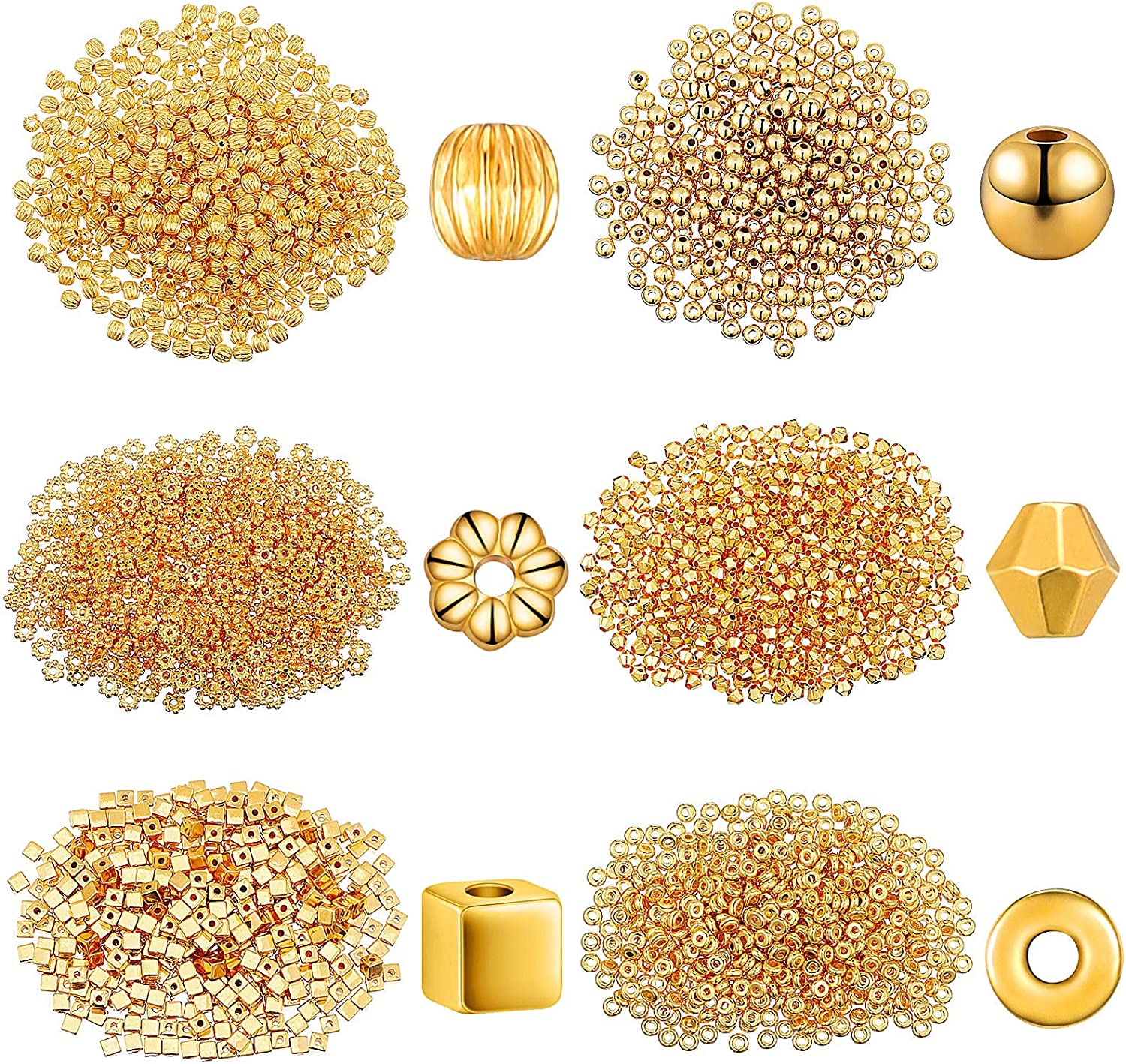 3000 Pieces Assorted Gold Spacer Beads Set Include 500 Loose Round Beads, 500 Watermelon Beads 500 Cube Beads 500 Faceted Rondelle Beads 500 Flat Flower Beads and 500 Flat Disc Beads for DIY Bracelet image 0