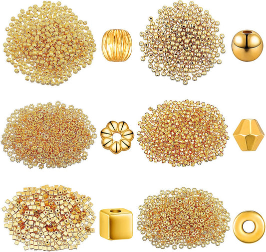 3000 Pieces Assorted Gold Spacer Beads Set Include 500 Loose Round Beads, 500 Watermelon Beads 500 Cube Beads 500 Faceted Rondelle Beads 500 Flat Flower Beads and 500 Flat Disc Beads for DIY Bracelet image 0