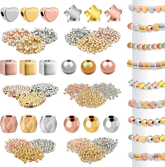 Trnayi 1800 Pieces Wedding DIY Plated Spacer Beads Assorted Gold Loose Round Ball Square Star Heart Shape Beads Mixed Metal Connector Beads for DIY Bracelet Jewelry Craft Making, 3 Colors and 6 Styles image 0