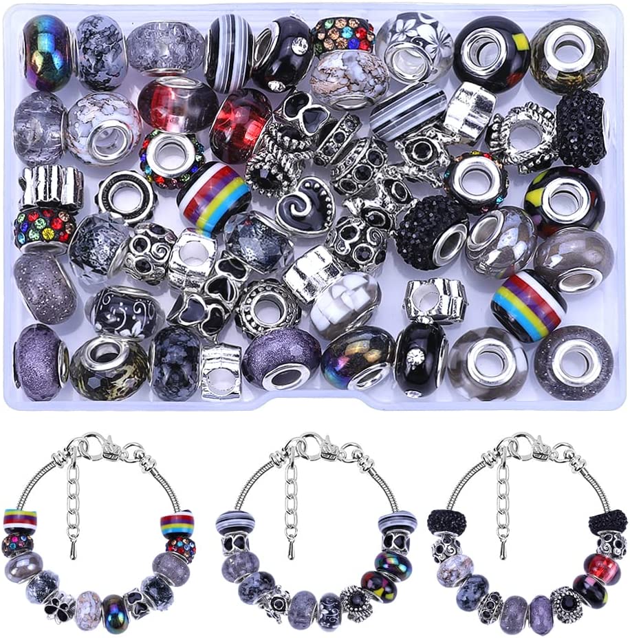 VICTLOV 60 Pieces European Large Hole Spacer Beads Charm Fairy Wands Beads Rhinestone Lampwork Beads Supplies for Bracelets Jewelry Making (Black) image 1