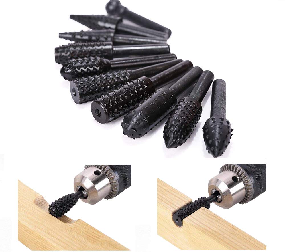 ASNOMY 10PCS Woodworking Twist Drill Bits, Wood Carving File Rasp Drill Bits 6.3mm(1/4") Shank Electrical Tools Woodworking Rasp Chisel Shaped Rotating Embossed Grinding Head with Storage Bag image 0