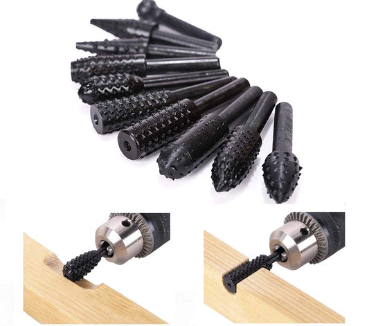 ASNOMY 10PCS Woodworking Twist Drill Bits, Wood Carving File Rasp Drill Bits 6.3mm(1/4") Shank Electrical Tools Woodworking Rasp Chisel Shaped Rotating Embossed Grinding Head with Storage Bag image 0