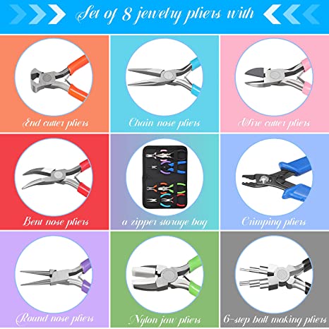 8 Pcs Jewelry Making Pliers Tool Kit, Needle Nose Pliers, Round Nose Pliers, Wire Cutters, Crimping Pliers, Bent Nose Pliers, End Nippers, Bail Making Pliers, Nylon Pliers for DIY (Multicolor) image 3