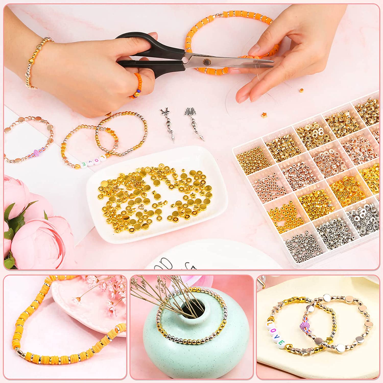 2160 Pieces Gold Spacer Beads Set, Assorted Bracelet Beads Round Beads Star Beads Gold Beads for Bracelet Jewelry Making(Gold, Sliver, Rose Gold, KC Gold) image 5