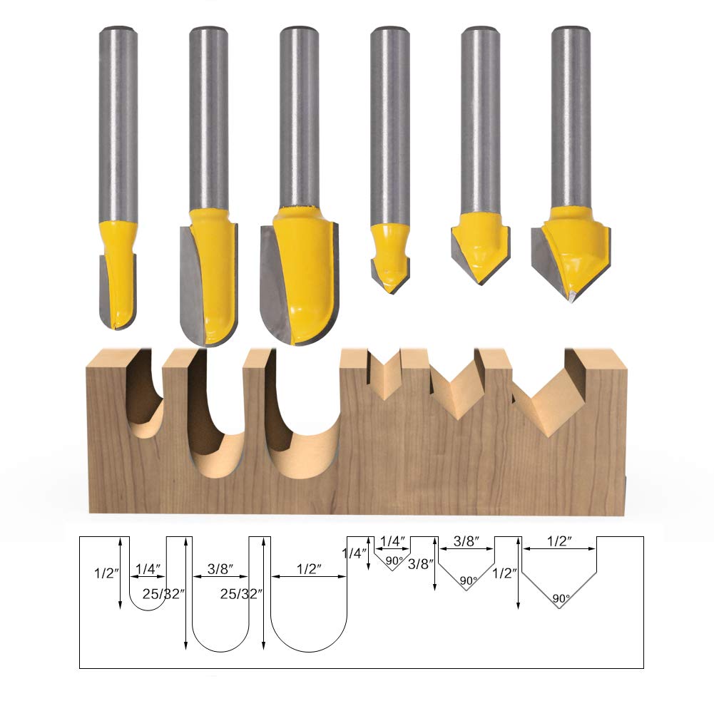 Yakamoz 6Pcs 1/4" Shank Carbide 90 Degree V-Groove and Round Nose Groove Router Bit Set 3D CNC Signmaking Lettering Engraving Cutter Woodworking Carving Cutting Tool image 0