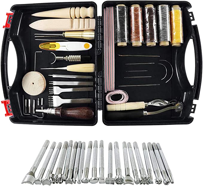 WHDZ 52pcs Leather Sewing Tools Kit DIY Leather Craft Tools Hand Stitching Tool Set, Prong Punch, Leather Stamping Tools, Wax Ropes Needles for Stitching Punching Cutting Sewing DIY Leather Craft Work image 0