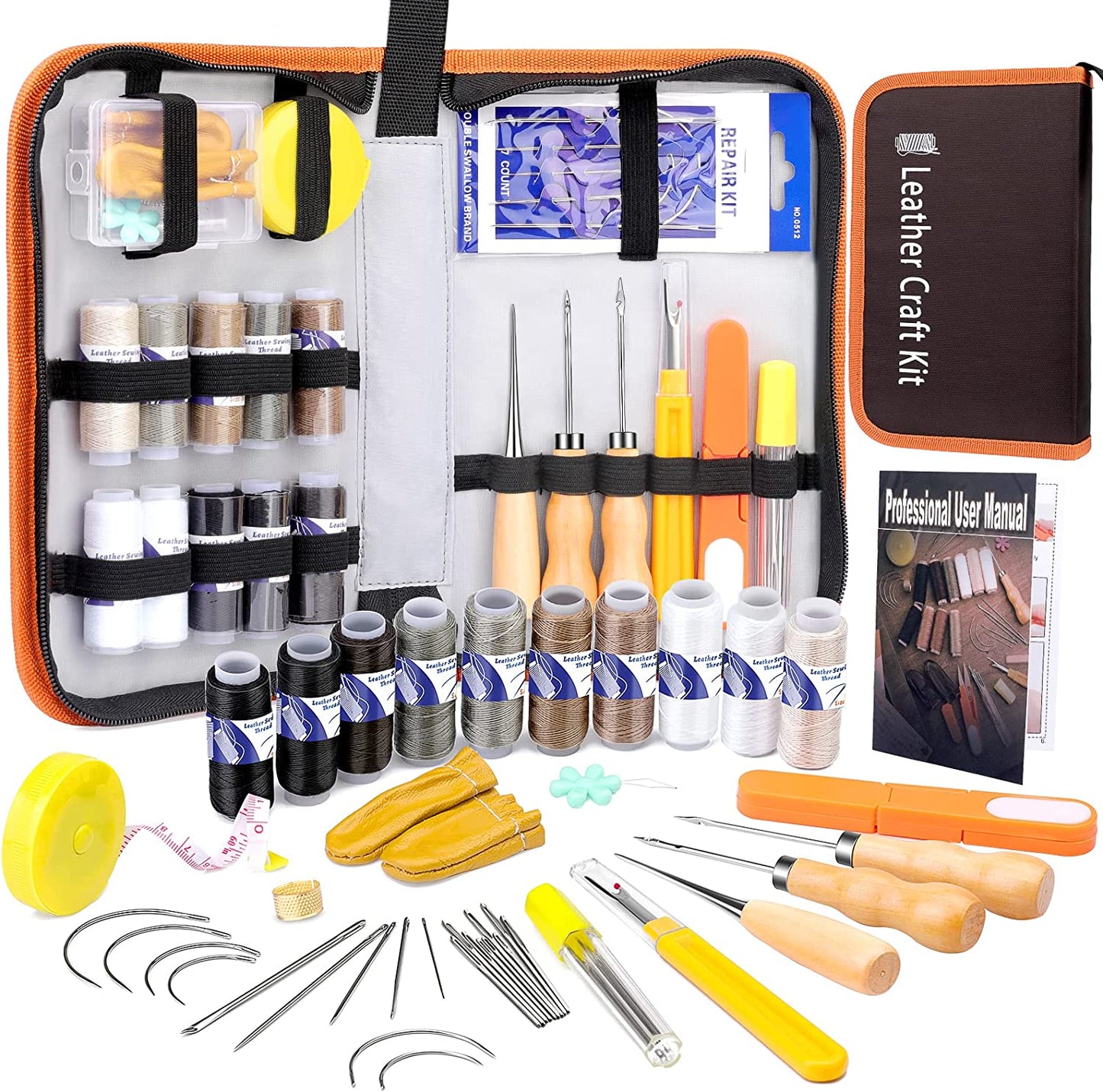 WONVOC Upholstery Repair Kit 42-Pack, Leather Sewing Kit, Leather Sewing Repair Kit, Leather Sewing Tools, Upholstery Thread and Needle, Leather Working Kit with Sewing Awl, Sewing Thread image 0