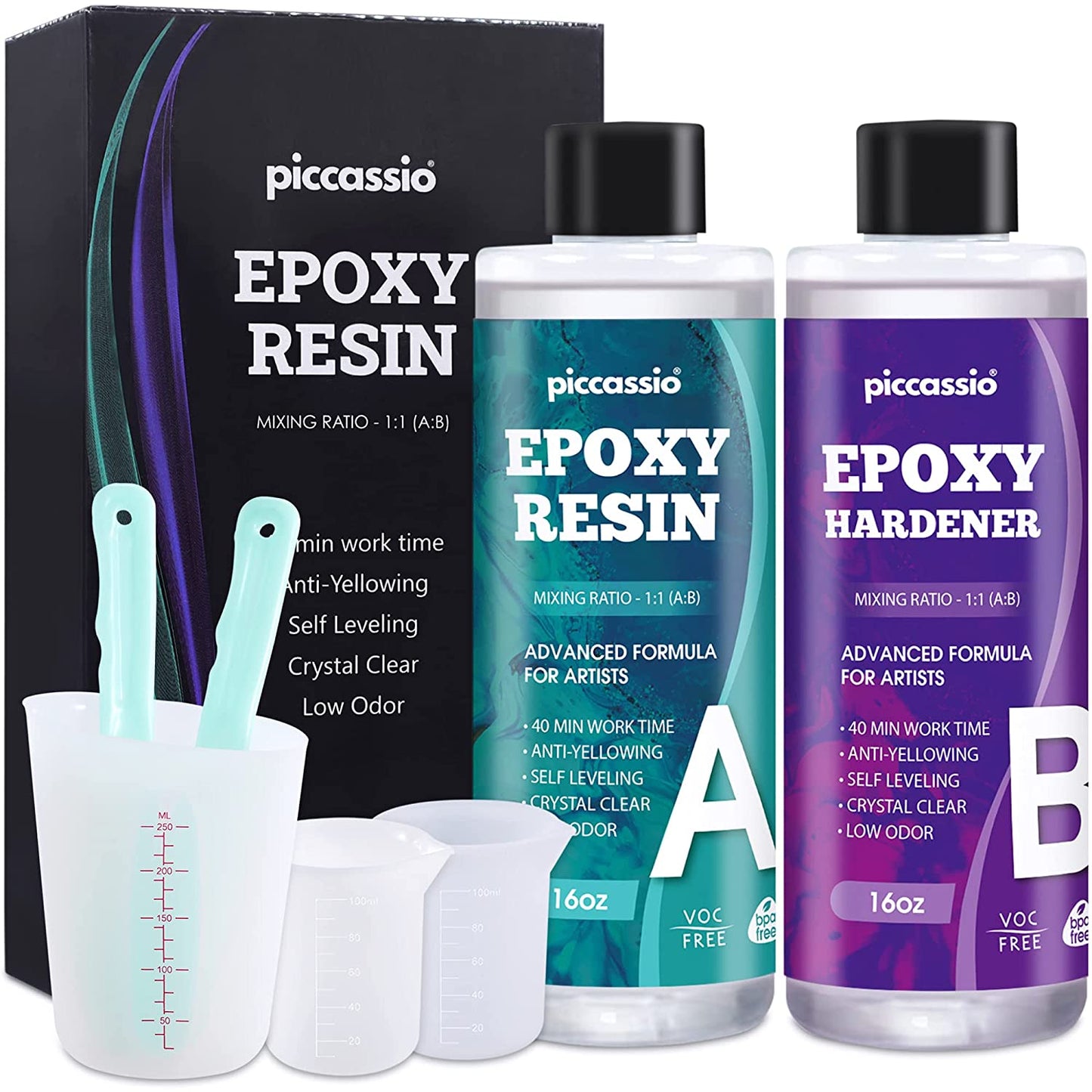 32oz Epoxy Resin Kit Piccassio - Crystal Clear Fast Cure High Gloss Casting Resin for Artists- Unparalleled Anti-Yellowing Resina Epoxica Transparente for Jewelry, DIY, etc with Reusable Silicone Cups image 1