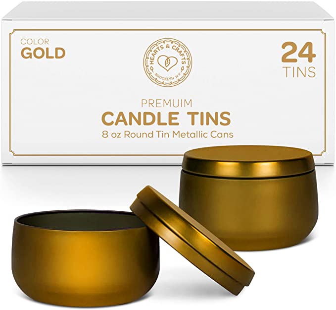 Hearts &amp; Crafts Tin Candle Jars for Making Candles - Candle Tins 8oz - 24 Tin Candle Jars with Lids for Candle Making - Gold image 0