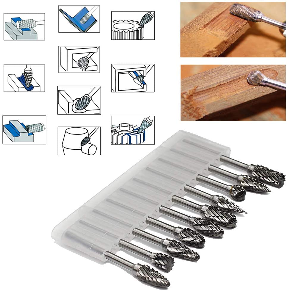 Double Cut Carbide Rotary Burr Set - 10 Pcs 1/8" Shank, 1/4" Head Length Tungsten Steel for Woodworking,Drilling, Metal Carving, Engraving, Polishing image 5