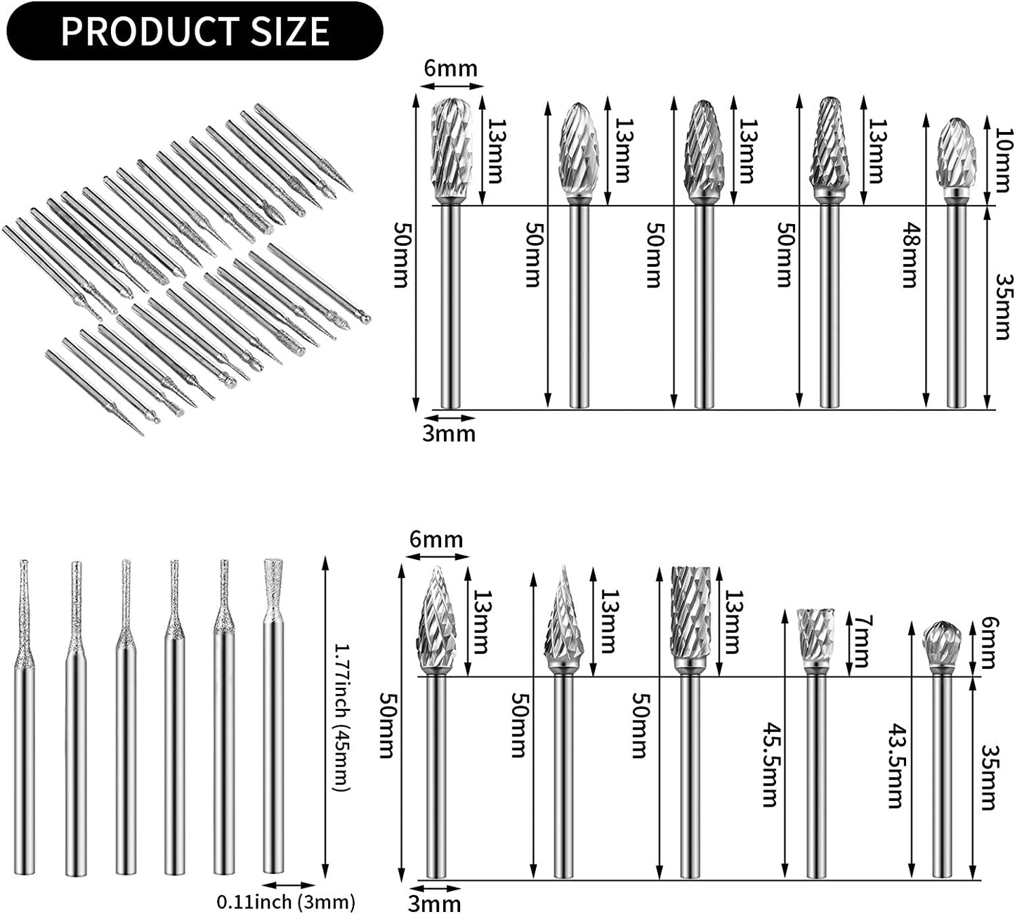 Double Cut Tungsten Carbide Rotary Burr Set 10 Pieces Metal Carving Drilling Polishing Cutter Bits and 30 Pieces Diamond Burr Bits, Rotary Burr Drill Kit for Die Grinder Drill Aluminum Wood Working image 1