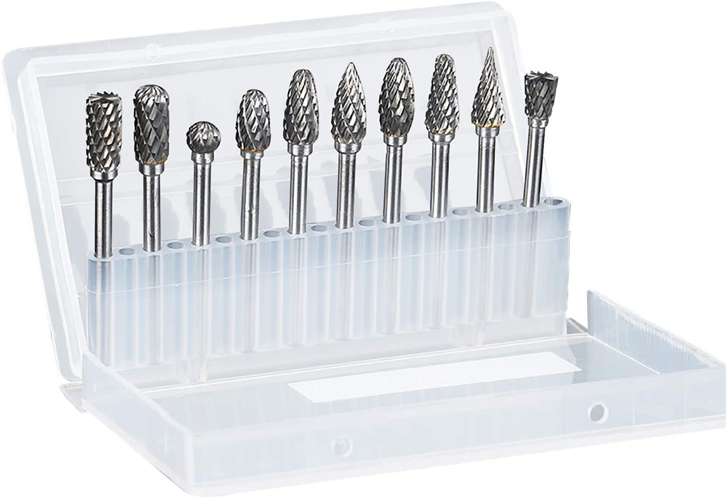 Rotary Burr Set, 10pcs Tungsten Carbide Rotary Burrs Set Double Cut Points Files Grinder Fit Rotary Tool for Engraving Wood Working Carving Polishing and Drilling, 1/8" Bit Shank 1/4” Head Size image 0