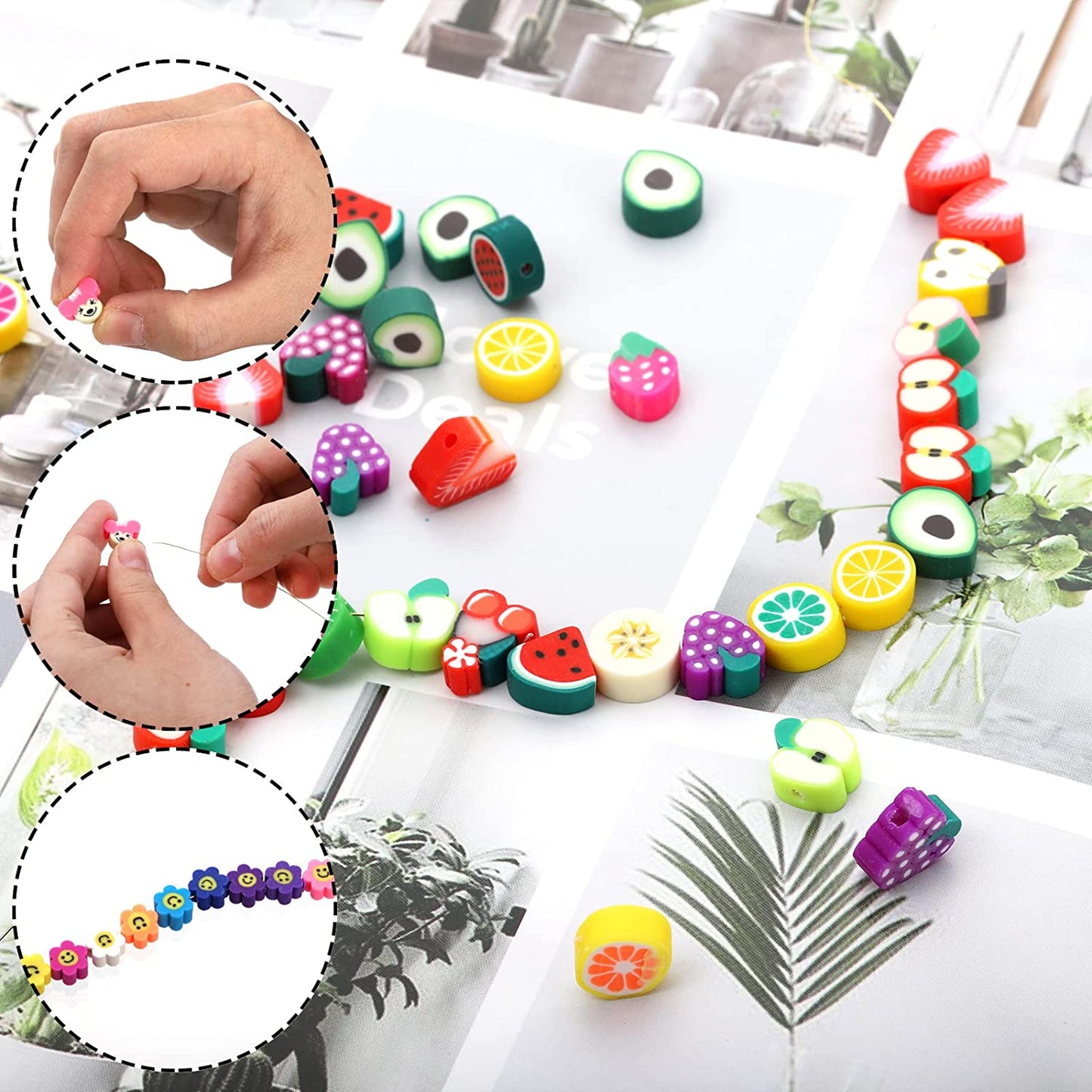 ZENFUN 500 Pcs Fruit Polymer Clay Beads Kit, 5 Style Mixed Spacer Bead Handmade Soft Beads Trendy Bracelet Beads for DIY Jewelry Making, Necklace Craft Making Supplies, Flower Animal Round image 3