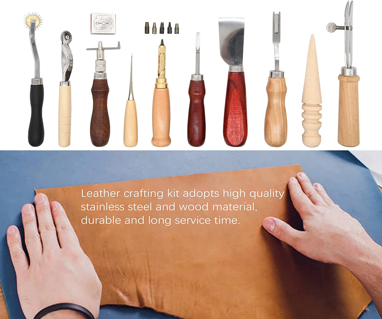 18Pcs Leather Stitching Working Tools kit Leather Craft Tools Perfect for Stitching Punching Cutting Sewing Leather Craft Making DIY Leathercraft Project Tools by Rain King image 4