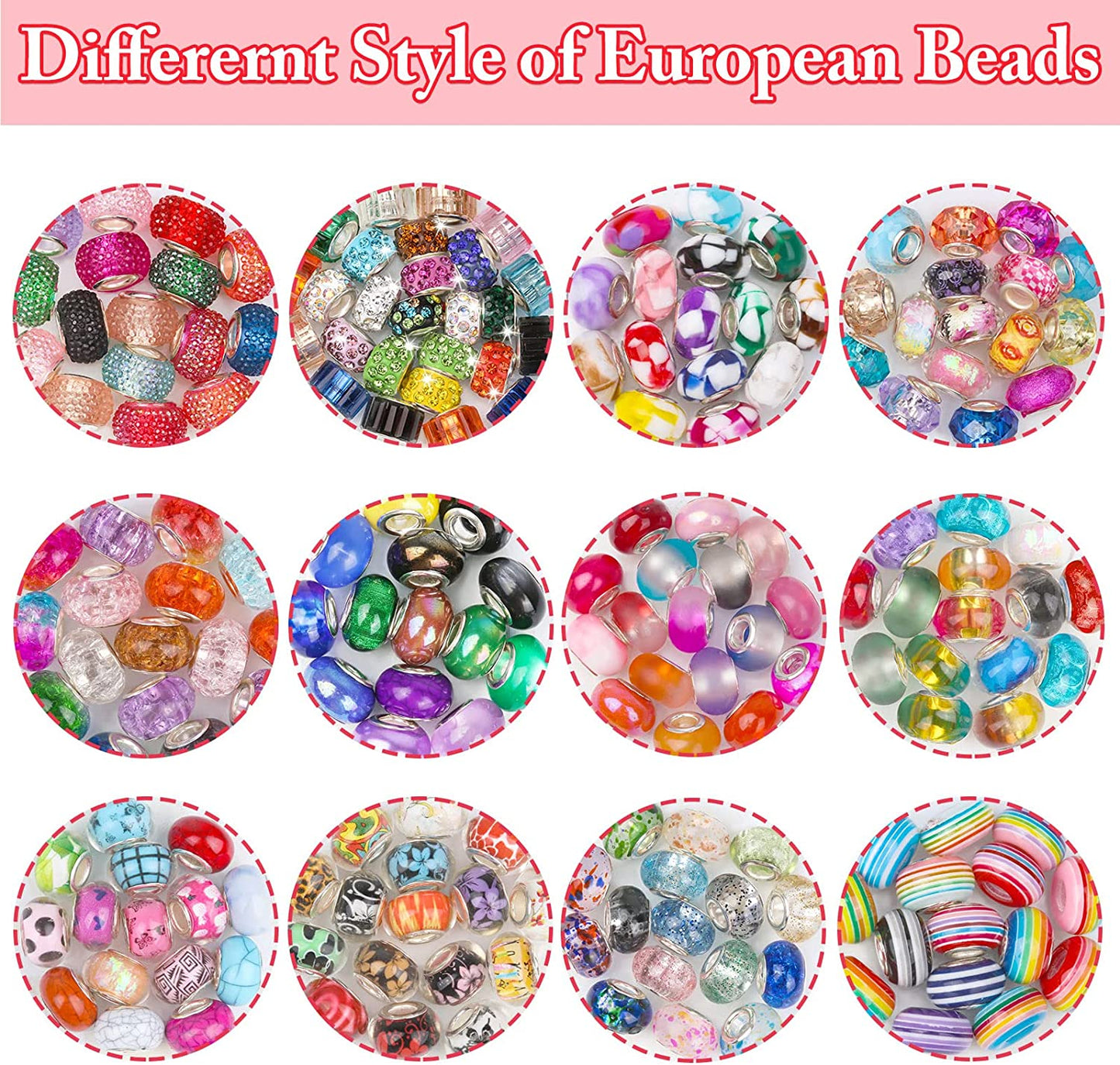 223 PCS Large Hole Glass Beads for Jewelry Making, Cludoo European Beads Bulk Mixed Color Spacer Beads with Rhinestones Lampwork Beads for DIY Craft Charms Bracelet Necklace Earring Making image 1