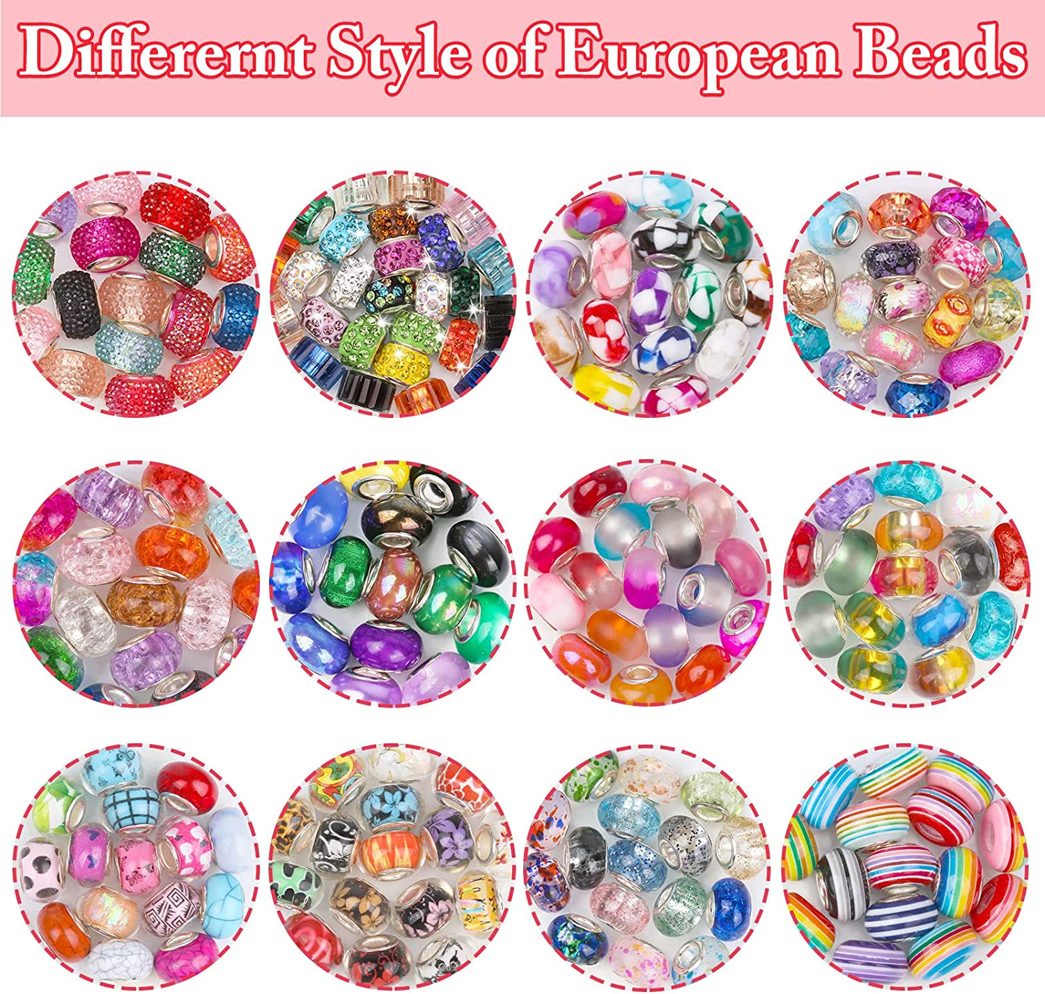 223 PCS Large Hole Glass Beads for Jewelry Making, Cludoo European Beads Bulk Mixed Color Spacer Beads with Rhinestones Lampwork Beads for DIY Craft Charms Bracelet Necklace Earring Making image 1