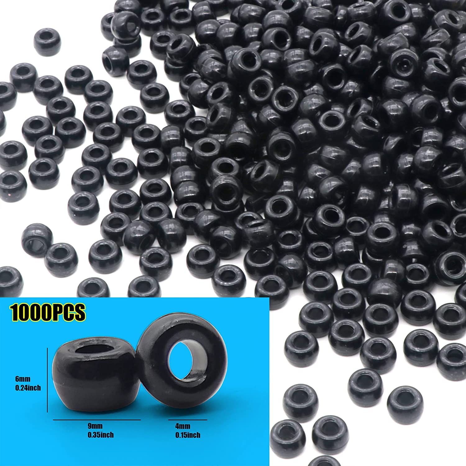 1000Pcs Pony Beads Bracelet 9mm Black Plastic Barrel Pony Beads for Necklace,Hair Beads for Braids for Girls,Key Chain,Jewelry Making (Black) image 2
