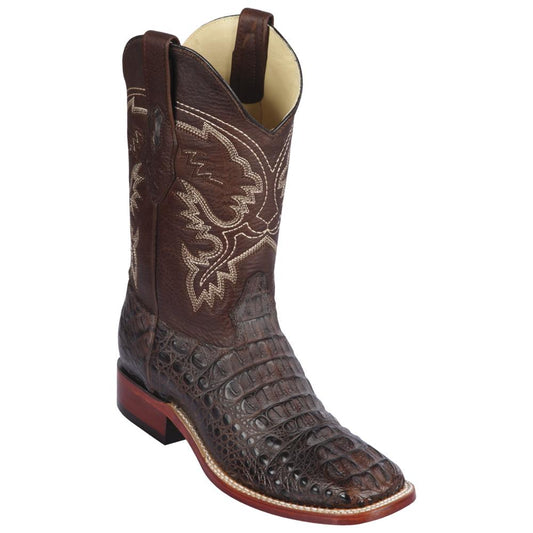 Los Altos Boots Mens #822G0207 Wide Square Toe | Genuine Caiman Hornback Leather Boots | Color Brown | Greasy Finish image 0