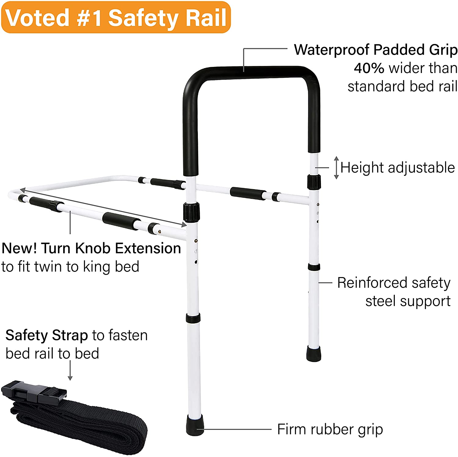 Vaunn Medical Adjustable Bed Assist Rail Handle and Hand Guard Grab Bar, Bedside Safety and Stability (Tool-Free Assembly), White/Black (876-V) image 1