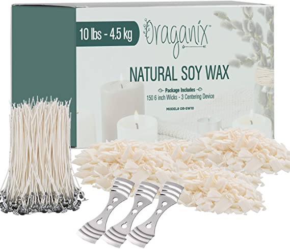 Oraganix DIY Candle Making Kit and Candle Making Supplies - 10 lbs Soy Candle Wax - 150 6-Inch Pre-Waxed Candle Wicks - 3 Metal Centering Devices image 0