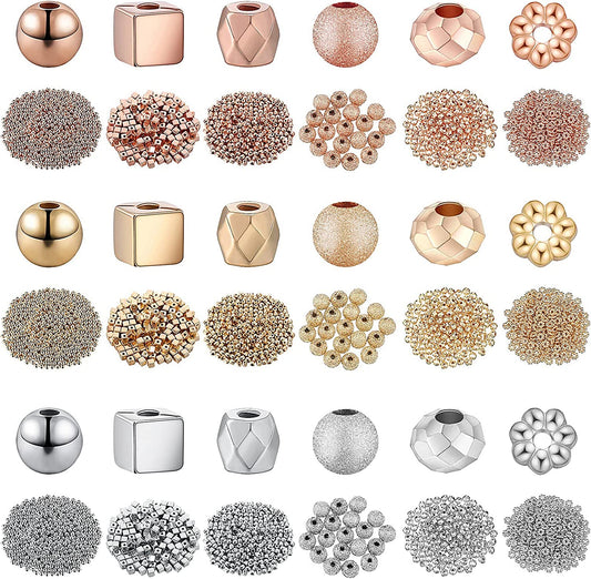3660 Pieces Assorted Spacer Beads Faceted Rondelle Cube Beads Flower Spacer Beads Frosted Ball Loose Beads Square Spacer Beads Column Beads Jewelry Charms for Jewelry Making DIY, 3 Colors, 6 Styles image 0