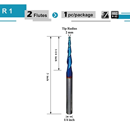 SPEED TIGER ITBTA Carbide Tapered End Mill- CNC Carving Bits, Ball Tip R1, 1/4"Shank 3"OVL for Wood/Alloy Steels/Hardened Steels-Made in Taiwan image 3