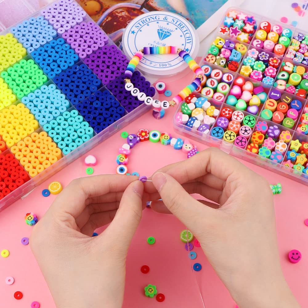 JOICEE 2 Boxes Clay Beads for Bracelets Making, Fruit Flower Smiley Polymer Clay Beads Charms with 24 Colors Flat Round Heishi Spacer Beads Kit for DIY Craft Necklace Jewelry Gift for Women Girls image 3