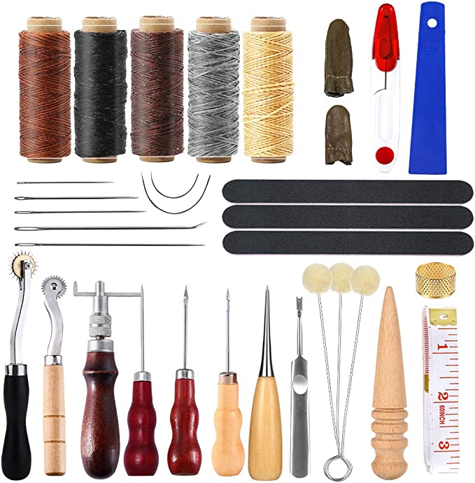 34 Pcs Leather Tool Kit, Leather Working Tools, and Supplies, Leather Sewing Kit with Leather Thread, Leather Sewing Needles, Groover, Thimble, Awl, Instructions and Leather Accessories image 0
