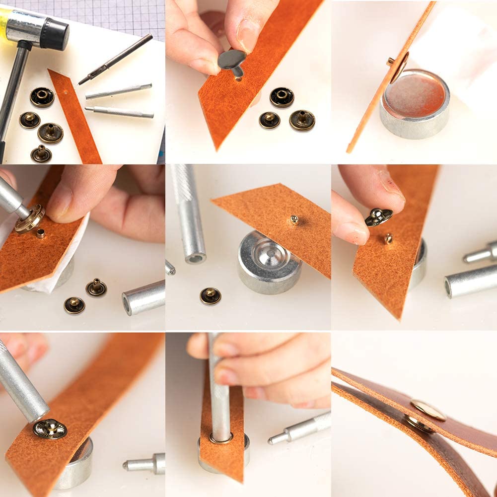 UOOU 46Pcs Leather Craft Tools Kit Leather Working Tools Basic Leather Sewing Repair kit Waxed Thread Prong Punch Snaps and Rivets Kit Hand Sewing Needles Awl for Leather Shoes Bag Belt Repairing image 4