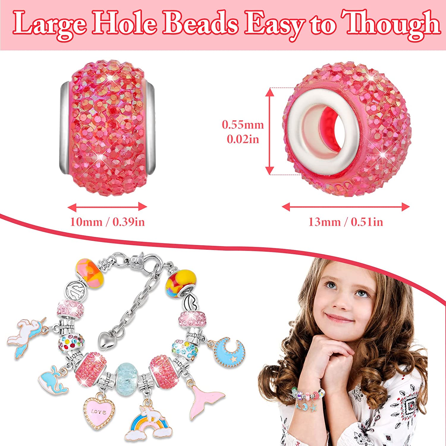 223 PCS Large Hole Glass Beads for Jewelry Making, Cludoo European Beads Bulk Mixed Color Spacer Beads with Rhinestones Lampwork Beads for DIY Craft Charms Bracelet Necklace Earring Making image 2