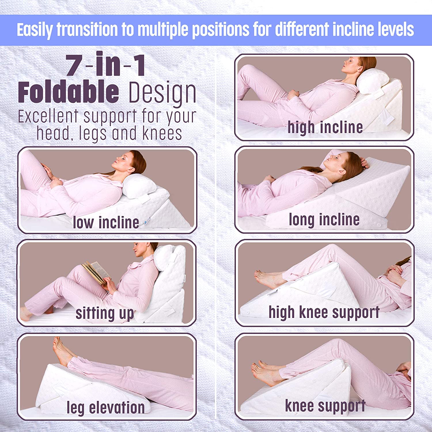 Flexicomfort Memory Foam Wedge Pillow for Sleeping with Adjustable Head Support Cushion - Post Surgery Pillow - Folding Incline Cushion System for Legs - Washable Cover image 4