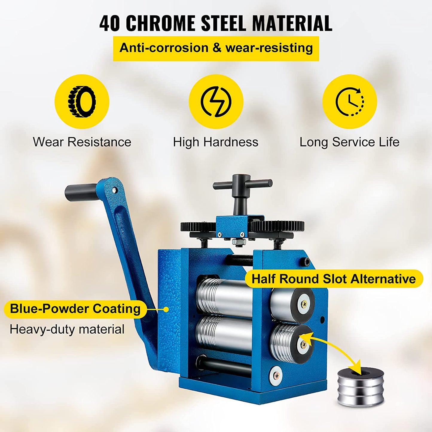VEVOR Rolling Mill 4.4"/112mm Jewelry Rolling Mill Machine Gear Ratio 1:2.5 Wire Roller Mill 0.1-7mm Press Thickness Manual Combination Rolling Mill for Jewelry Sheet Square Semicircle Circle Pattern image 4