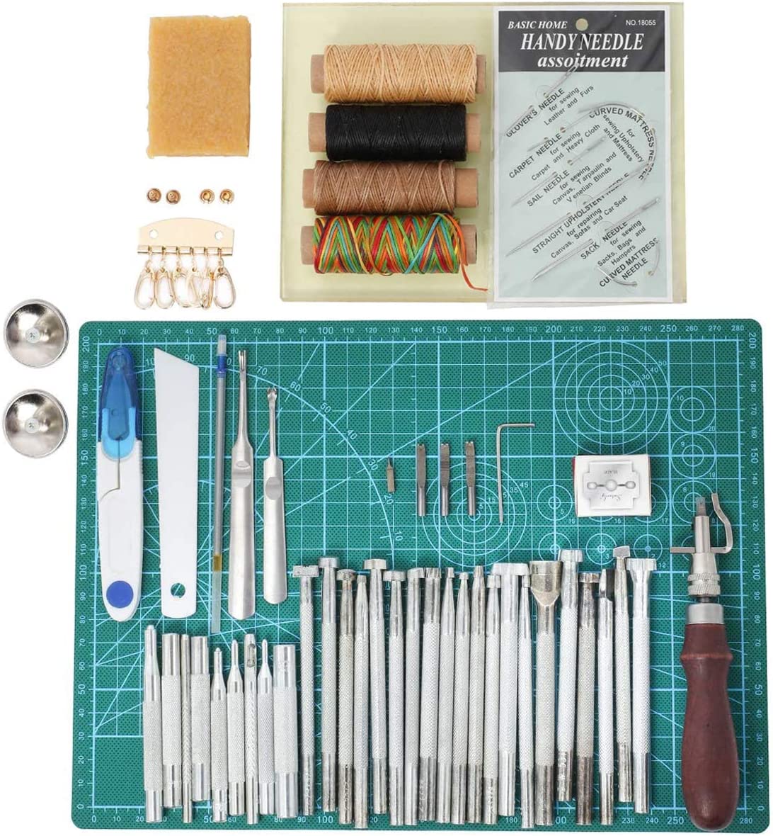 Leathercraft Working Tools Kit, Leather Craft Stamping Tools with Cutting Mat, Stitching Groover, Prong Punch, Snaps, Rivets Kit and Professional Stitching Sewing Tools for DIY Leathercraft image 2