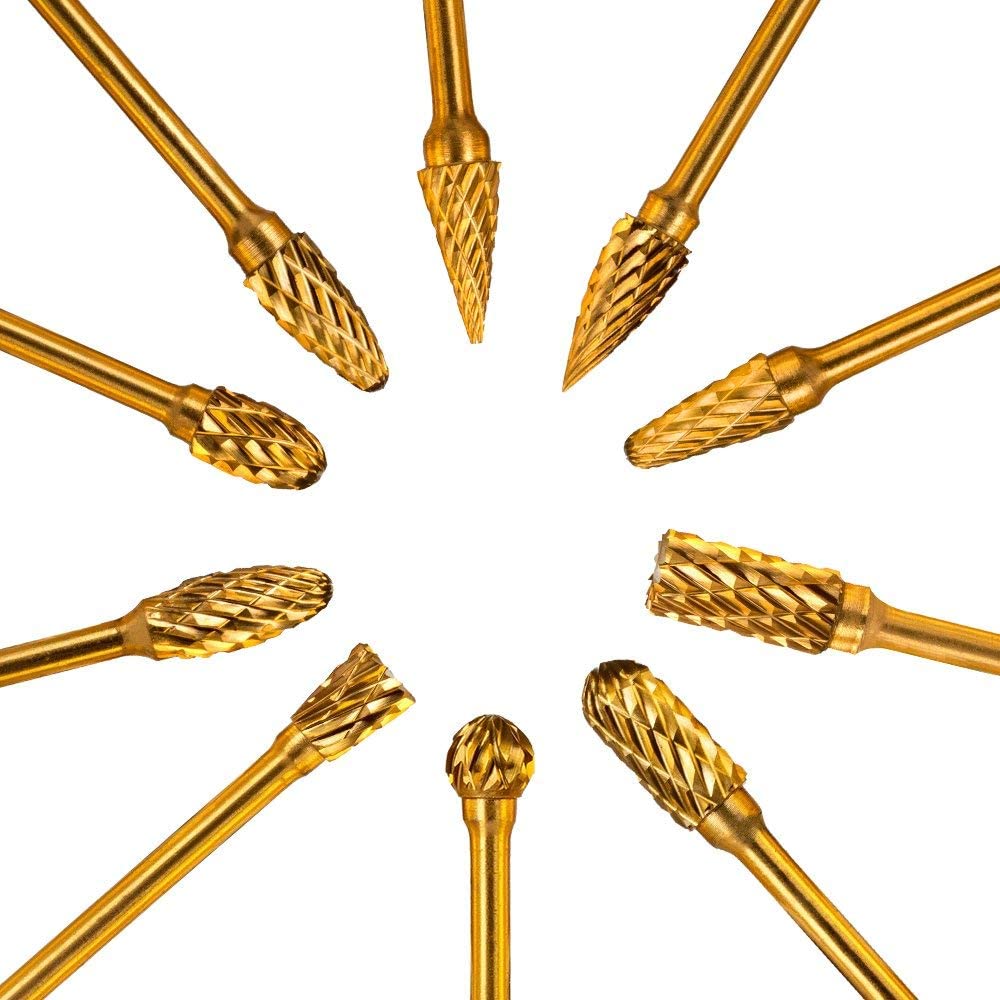 Double Cut Titanium Carbide Rotary Burr Set - Rocaris 10 Pieces 1/8"(3mm) Shank and 1/4"(6 mm) Head SizeTungsten Steel, for Woodworking, Drilling, Metal Craving, Engraving, Polishing image 6