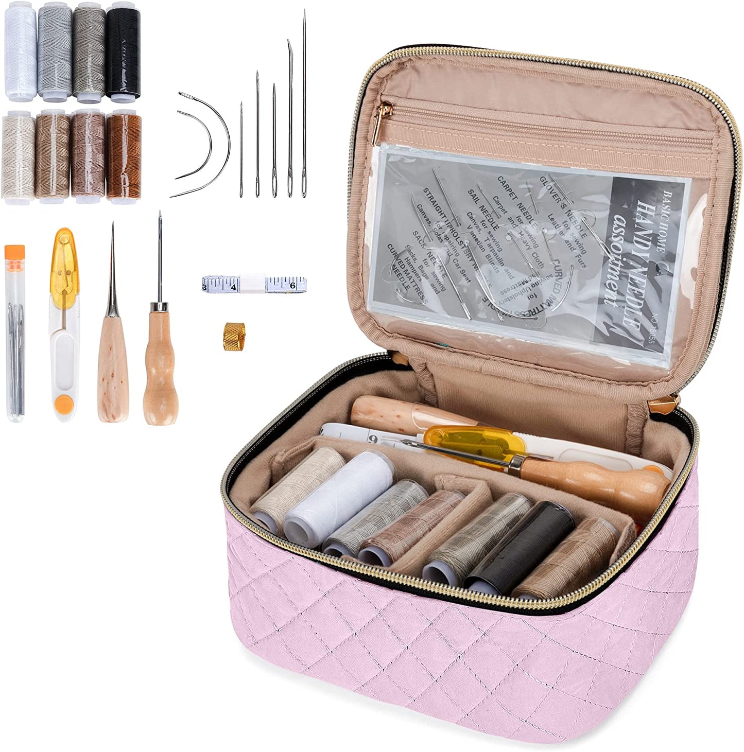 LoDrid Leather Sewing Kit, Leather Repair Set with Storage Bag, DIY Leather Craft Tools &amp; Supplies for Beginner, Adult and Kid, Sewing Needles, Threads and Other Leathercraft Accessories, Bright Pink image 0