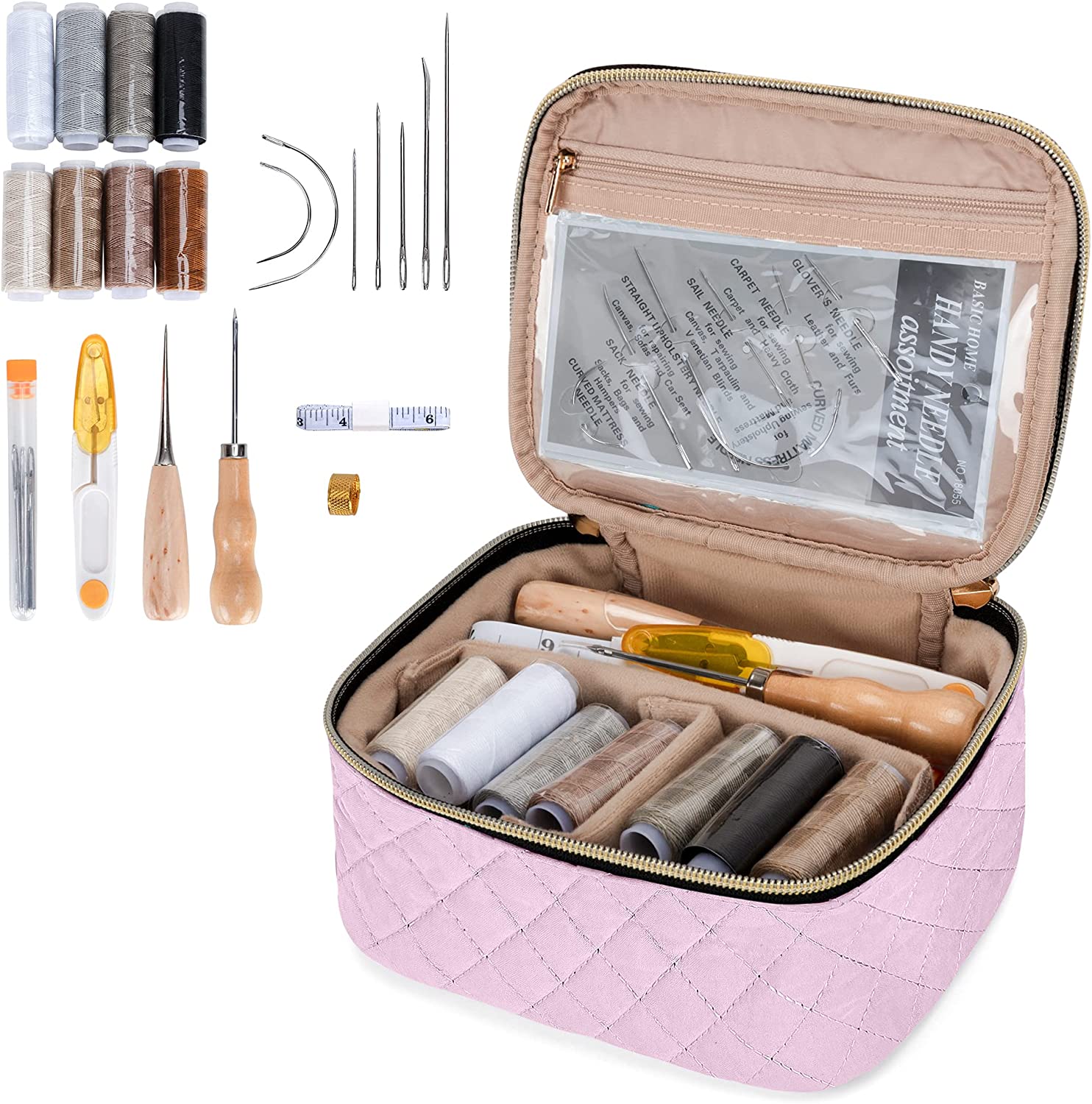LoDrid Leather Sewing Kit, Leather Repair Set with Storage Bag, DIY Leather Craft Tools &amp; Supplies for Beginner, Adult and Kid, Sewing Needles, Threads and Other Leathercraft Accessories, Bright Pink image 0