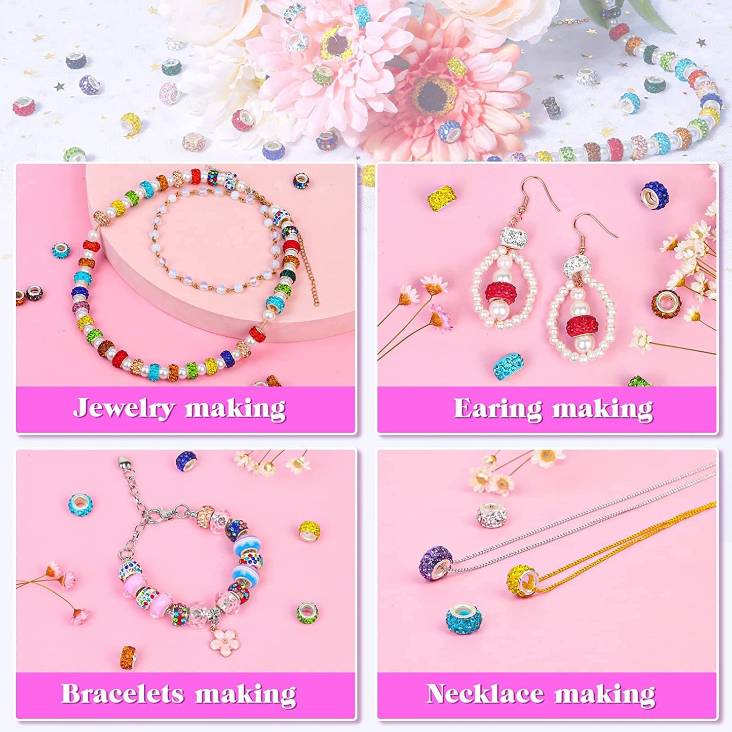 200 PCS European Beads Bulk for Jewelry Making,Cludoo Large Hole Beads Spacer Beads with Mixed Color Rhinestone Charms Beads for DIY Craft Bracelet Necklace Earring Making image 4