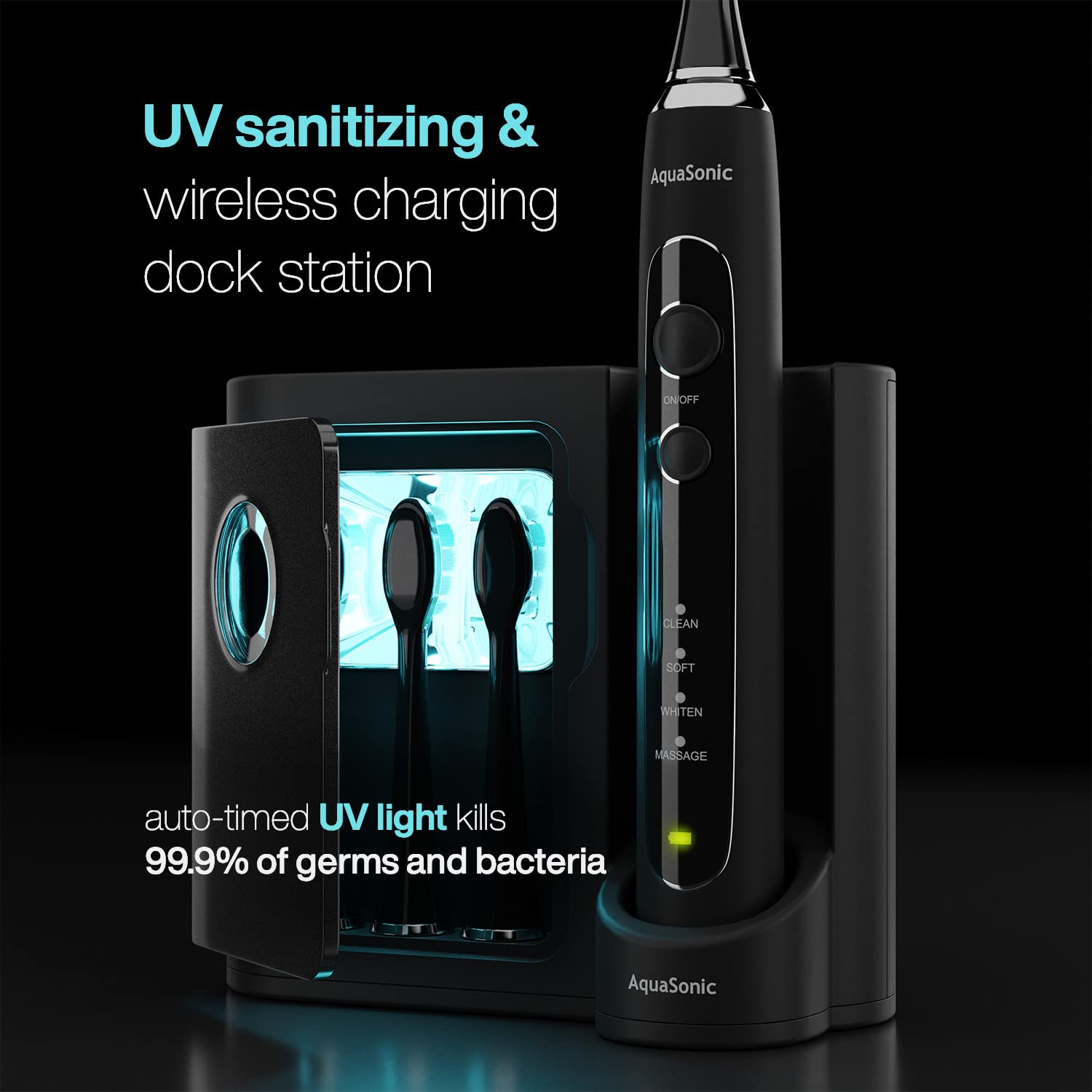 AquaSonic Black Series PRO – Ultra Whitening Toothbrush w UV Sanitizing Base – 4 Modes &amp; Smart Timers – UV Sanitizing &amp; Charging Travel Case – UltraSonic Electric Tooth Brush – 6 Proflex Brush Heads image 3