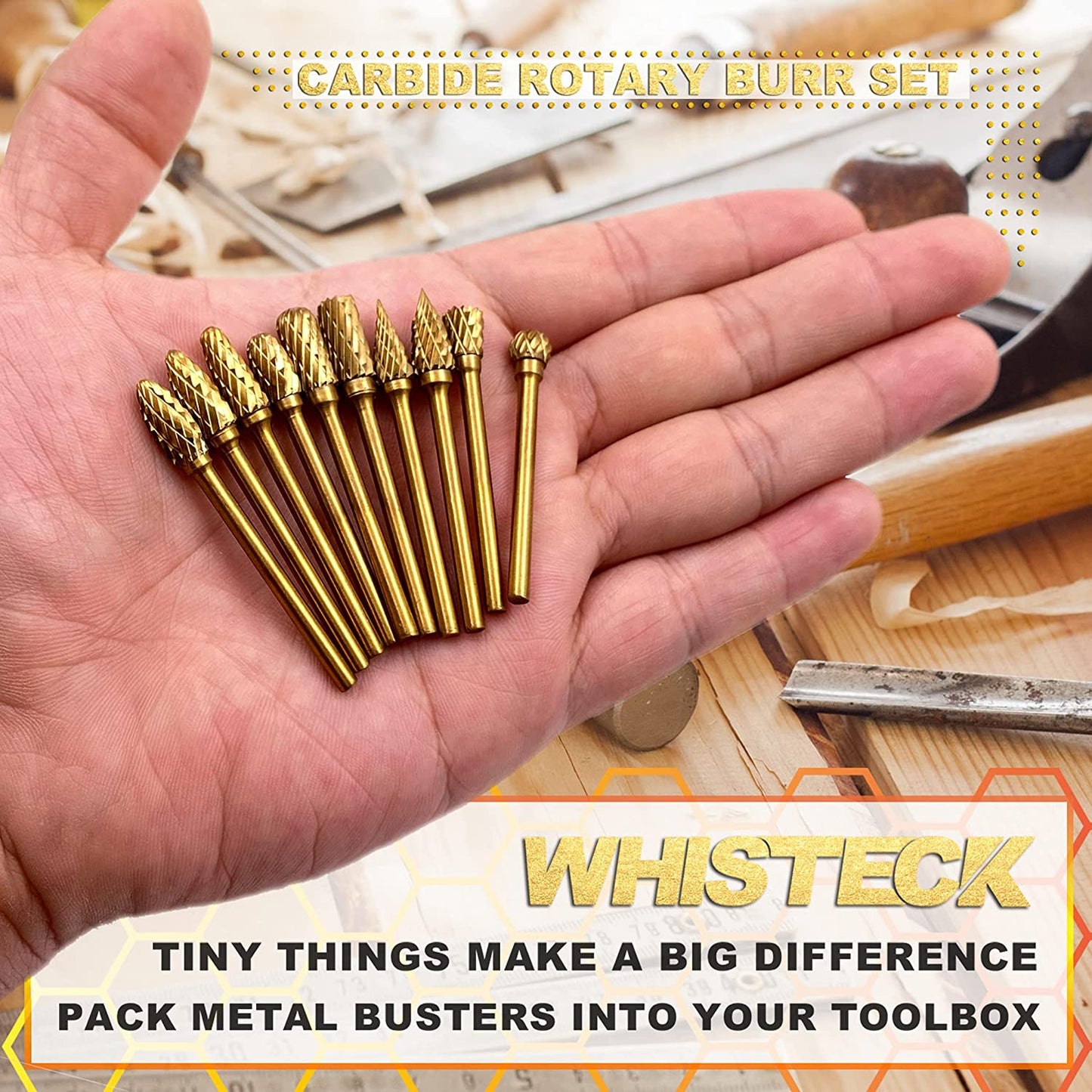 WHISTECK Titanium Carbide Rotary Burr Set - 10pcs Double Cut Tungsten Steel Die Grinder Bits, 1/8" Shank and 1/4" Head Length for Woodworking, Drilling, Metal Craving, Engraving, Polishing image 2