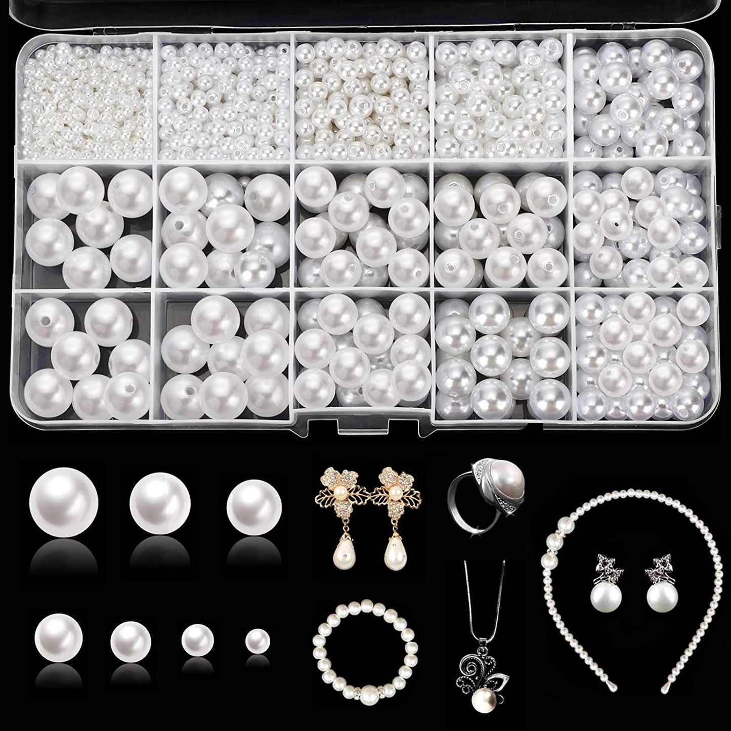 1400 Pieces Craft Pearl Beads with Holes Assorted Size Loose Faux Plastic Pearls 3 mm 4 mm 5 mm 6 mm 8 mm 10 mm 12 mm Full Round Spacers for Jewelry Making Sewing Crafting (White) image 0