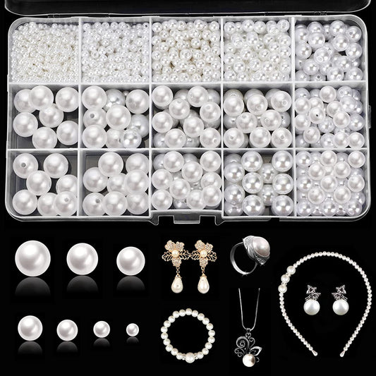 1400 Pieces Craft Pearl Beads with Holes Assorted Size Loose Faux Plastic Pearls 3 mm 4 mm 5 mm 6 mm 8 mm 10 mm 12 mm Full Round Spacers for Jewelry Making Sewing Crafting (White) image 0