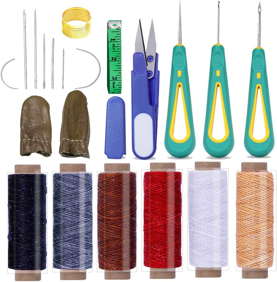 ZMAAGG 21Pcs Leather Sewing Upholstery Repair Kit, Leather Craft Stitching Kit Include 6 Color Waxed Thread, Awl, and Needles for Leather Repair, Leather Sewing Tool for Beginners and Professionals image 0
