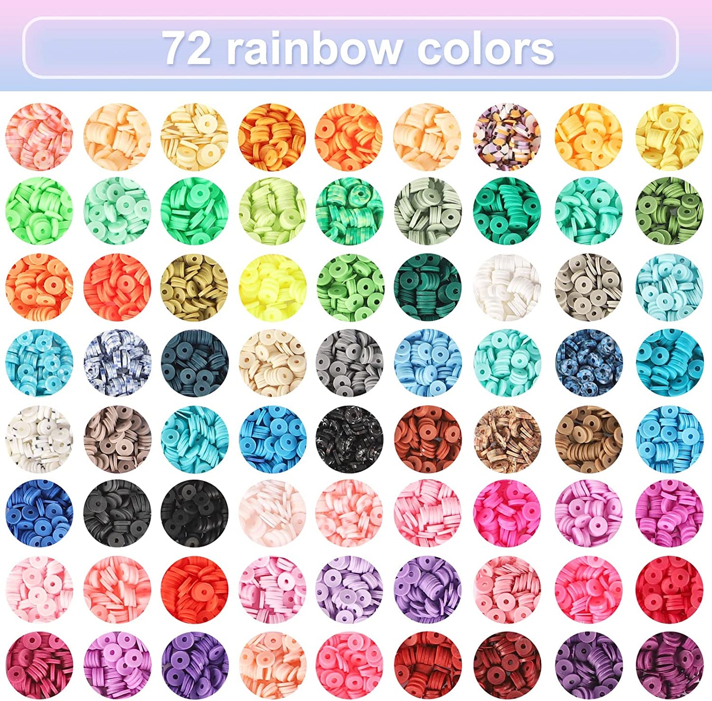 QUEFE 72 Colors Clay Beads for Bracelet Making Kit Flat Round Polymer Clay Beads Spacer Heishi Beads for Jewelry Making with Random Pendant Charms Kit Letter Beads and Elastic Strings image 2