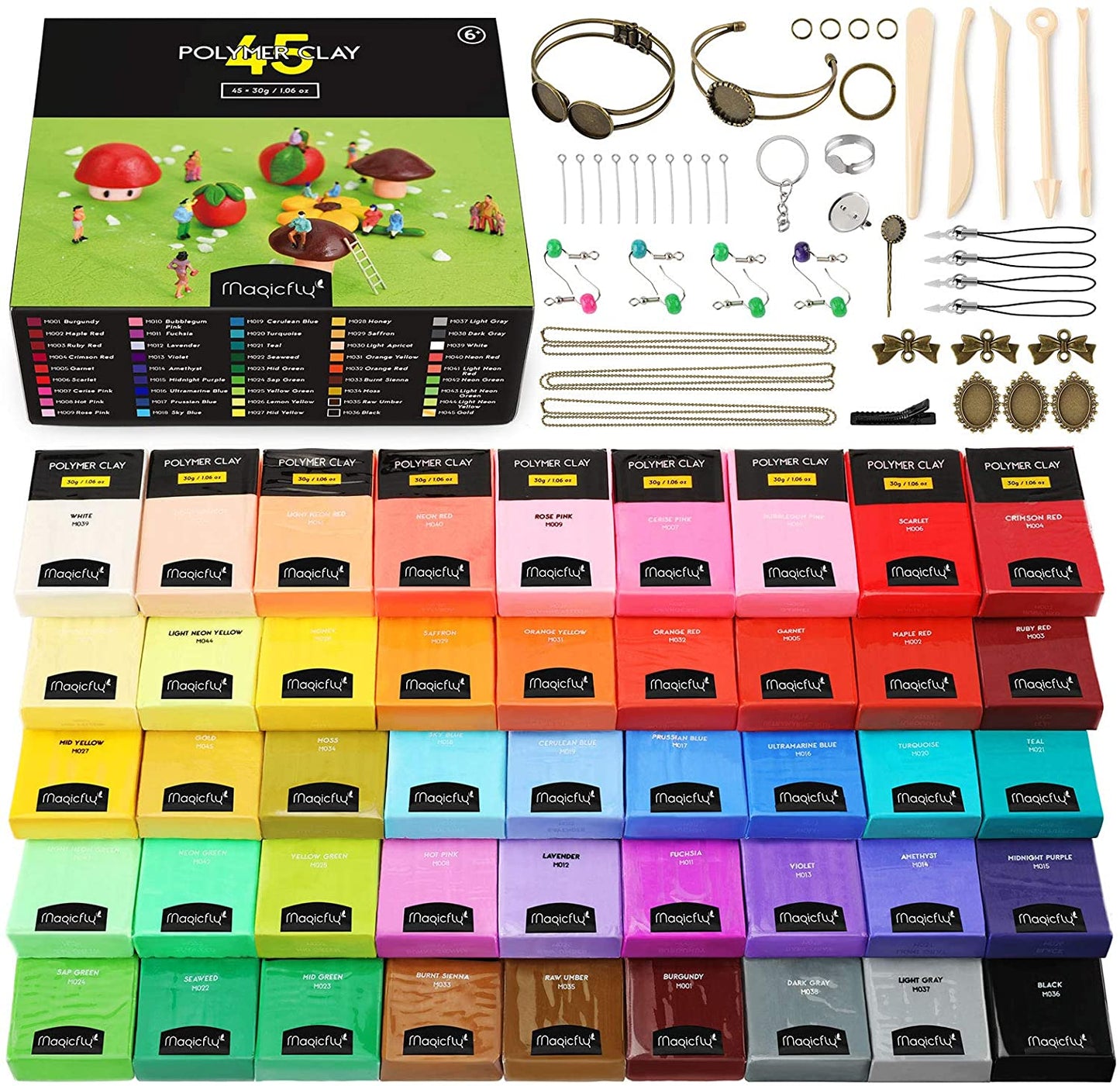 Magicfly Polymer Clay Starter Kit, 45 Colors Oven Bake Clay with 5 Modeling Tools and 40 Jewelry Accessories, Safe and Nontoxic DIY Baking Clay Blocks image 0