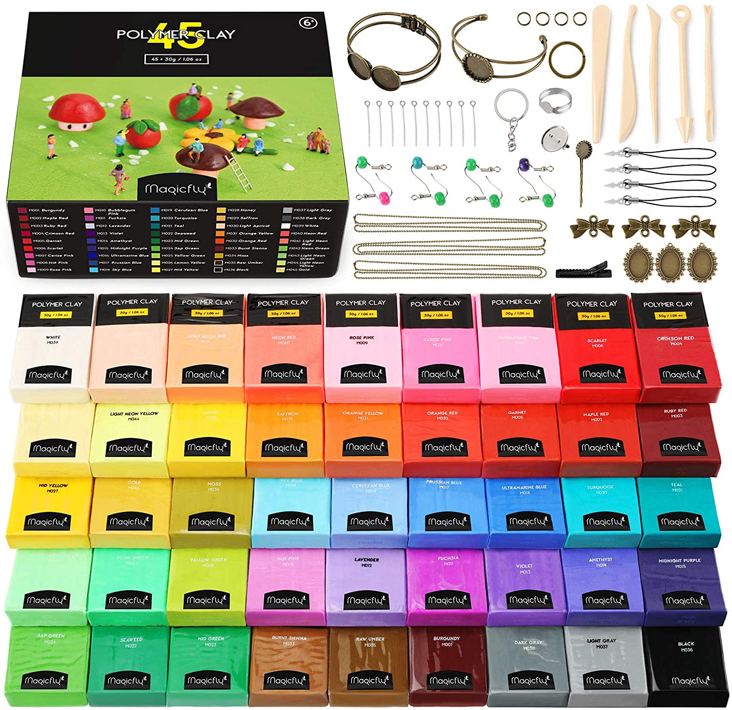 Magicfly Polymer Clay Starter Kit, 45 Colors Oven Bake Clay with 5 Modeling Tools and 40 Jewelry Accessories, Safe and Nontoxic DIY Baking Clay Blocks image 0