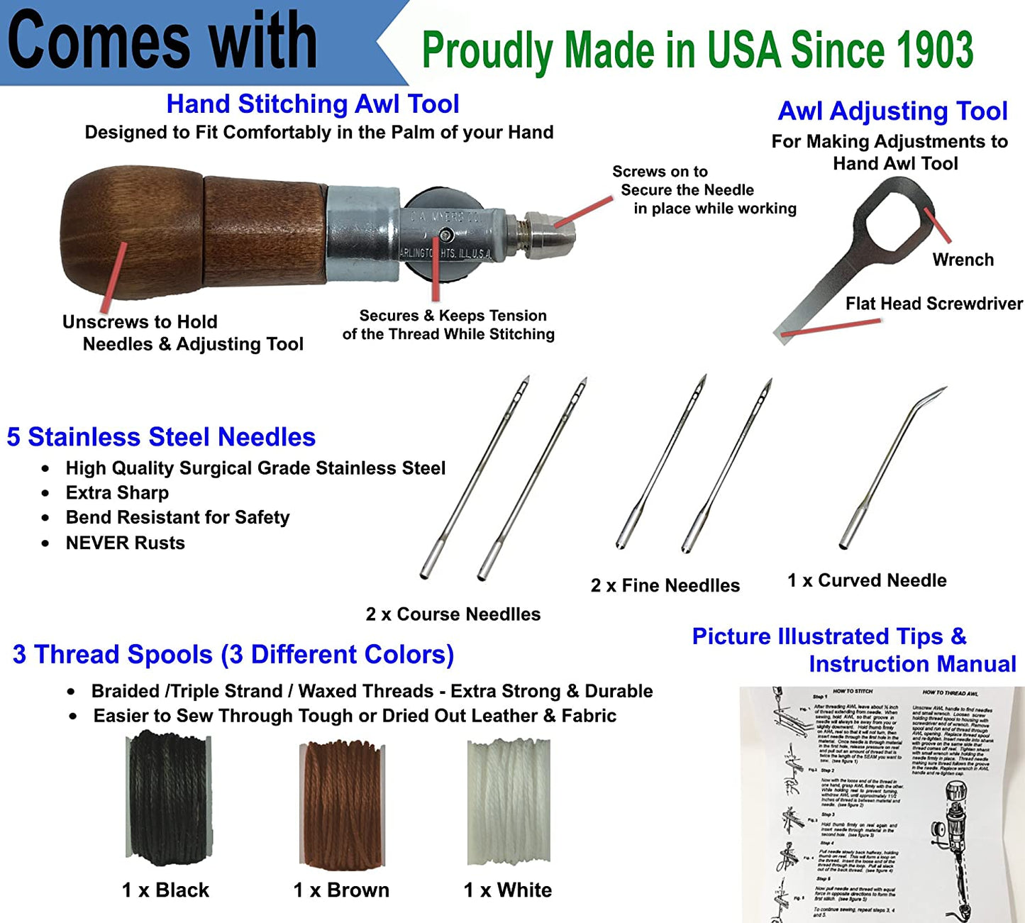Professional Leathercraft Accessories, Sewing, Stitching Awl Tool Kit &amp; Supplies, HEAVY DUTY - MADE in USA – DIY Craft, Leather, Heavy Fabric, Canvas, Upholstery, Bag, Shoe, Belt Repair Lockstitch Set image 1