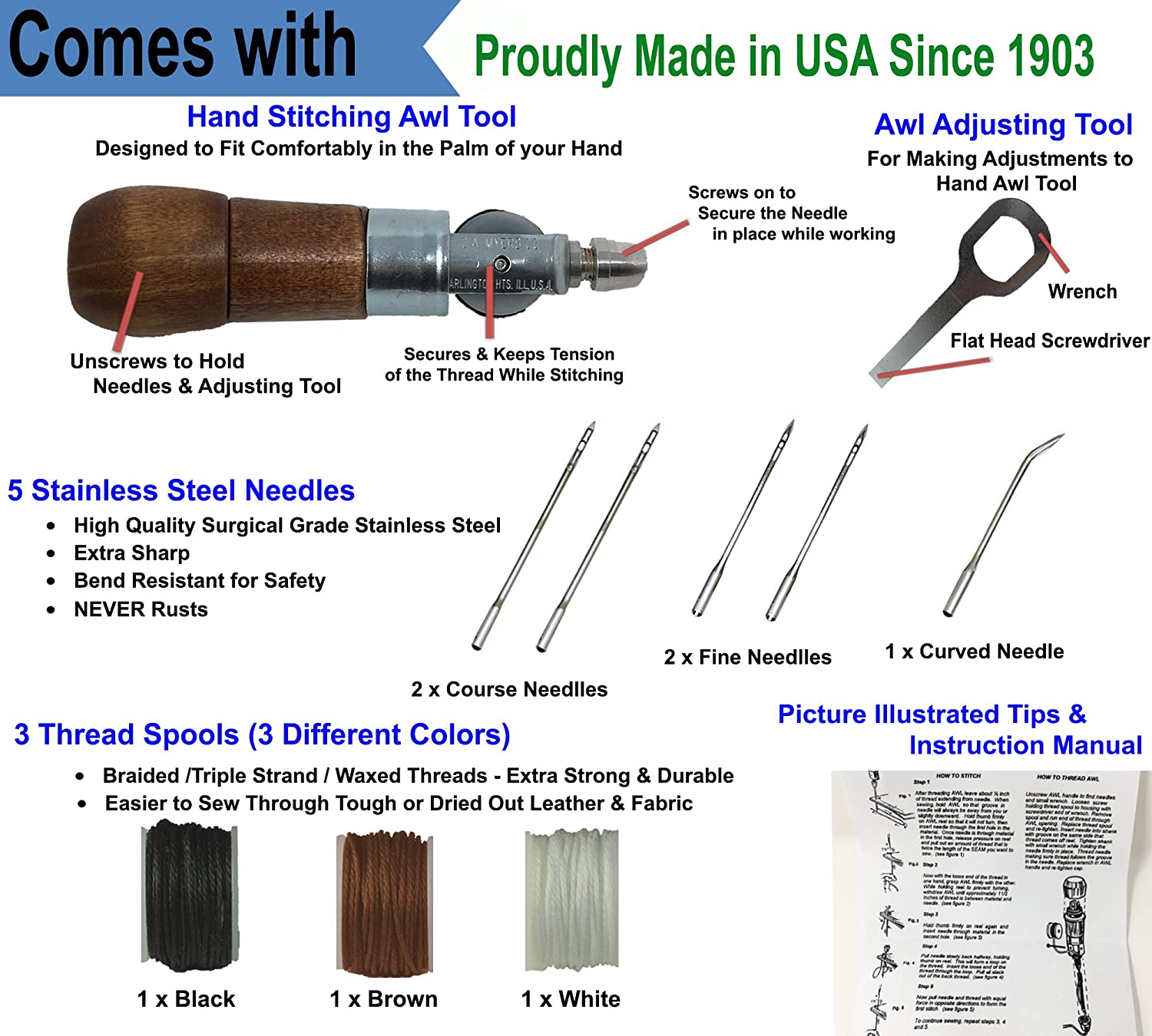 Professional Leathercraft Accessories, Sewing, Stitching Awl Tool Kit &amp; Supplies, HEAVY DUTY - MADE in USA – DIY Craft, Leather, Heavy Fabric, Canvas, Upholstery, Bag, Shoe, Belt Repair Lockstitch Set image 1