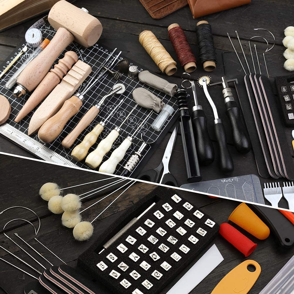 185 Pcs Leather Working Tools, Leather Working Tools and Supplies, Kit with Rotary Cutter and Mat, Hammer Stamping Tools, Awl, Tape Measure, Hand Stitching Tool Set for Sewing Leather Craft image 5